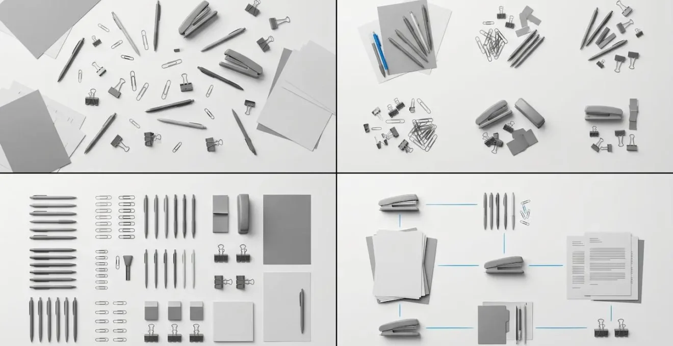 Illustration isométrique en 3D montrant quatre plateformes architecturales en escalier ascendant, représentant la progression de cubes dispersés et désordonnés vers une architecture harmonieuse et intégrée, avec une palette évoluant du gris au bleu-vert