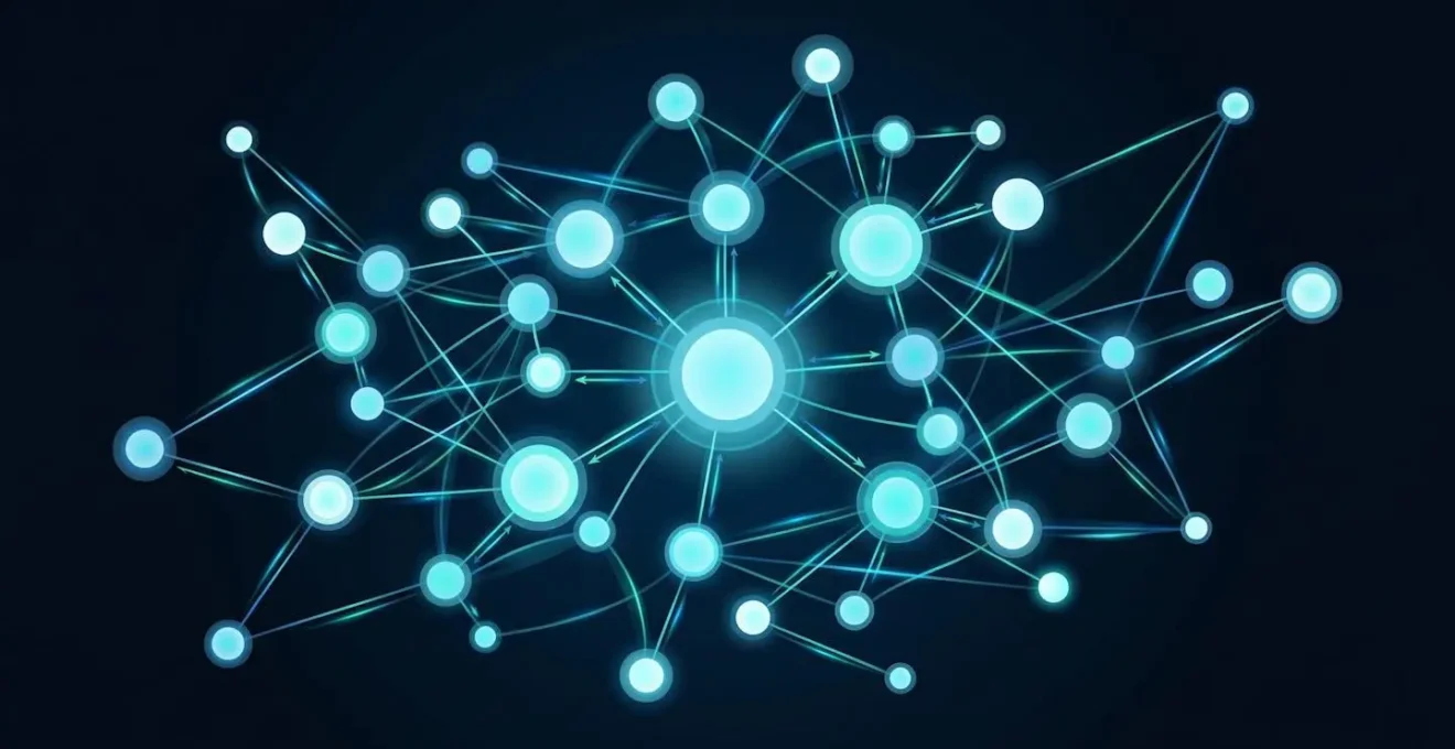 Représentation abstraite d'un réseau de nœuds lumineux interconnectés de tailles variées sur fond bleu nuit profond, avec des lignes d'énergie cyan et bleu-vert reliant un nœud central à des nœuds satellites